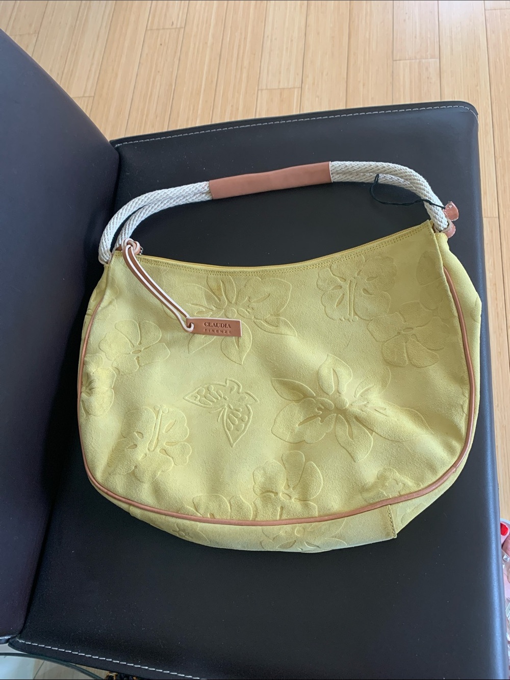 Claudia Firenze Floral Embossed yellow suede Shoulder Bag with Rope Handle